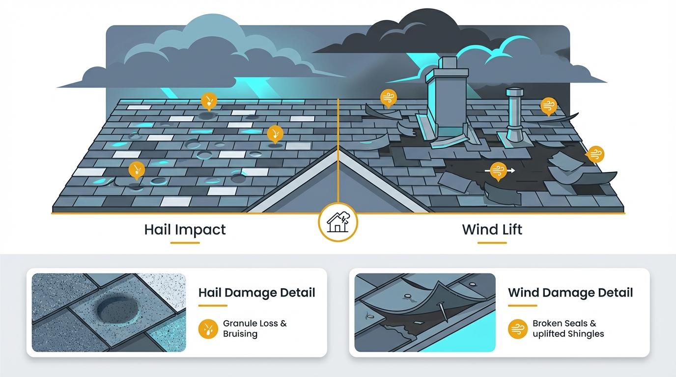 Illinois weather roof damage infographic - storm damage signs by weather type