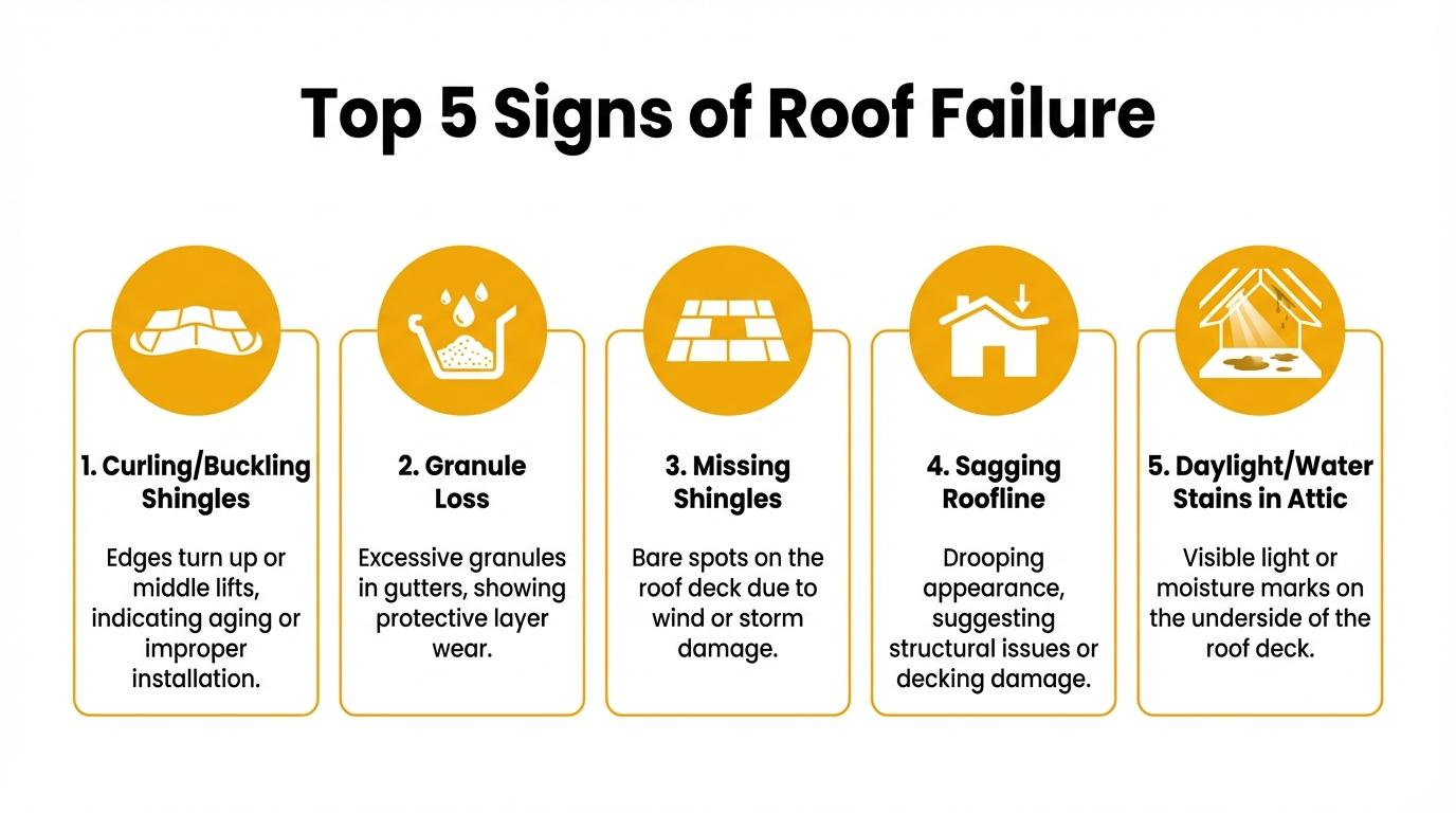 Top 5 signs of roof failure including curling and buckled shingles