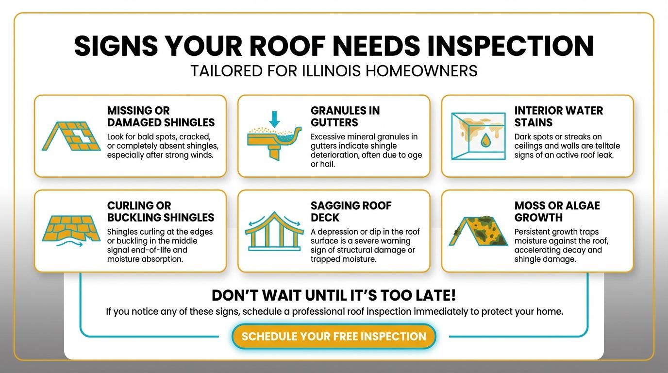 Roof inspection checklist: shingle damage types including curling, granule loss, and missing tabs