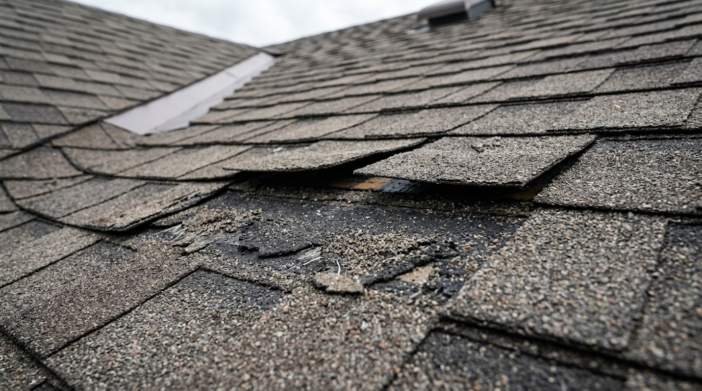 Close-up of wind-lifted asphalt shingles and granule loss after a Midwest storm.