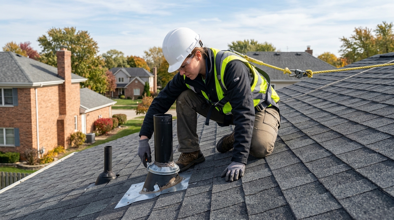Roofer inspecting flashing and a roof penetration for possible leak sources.