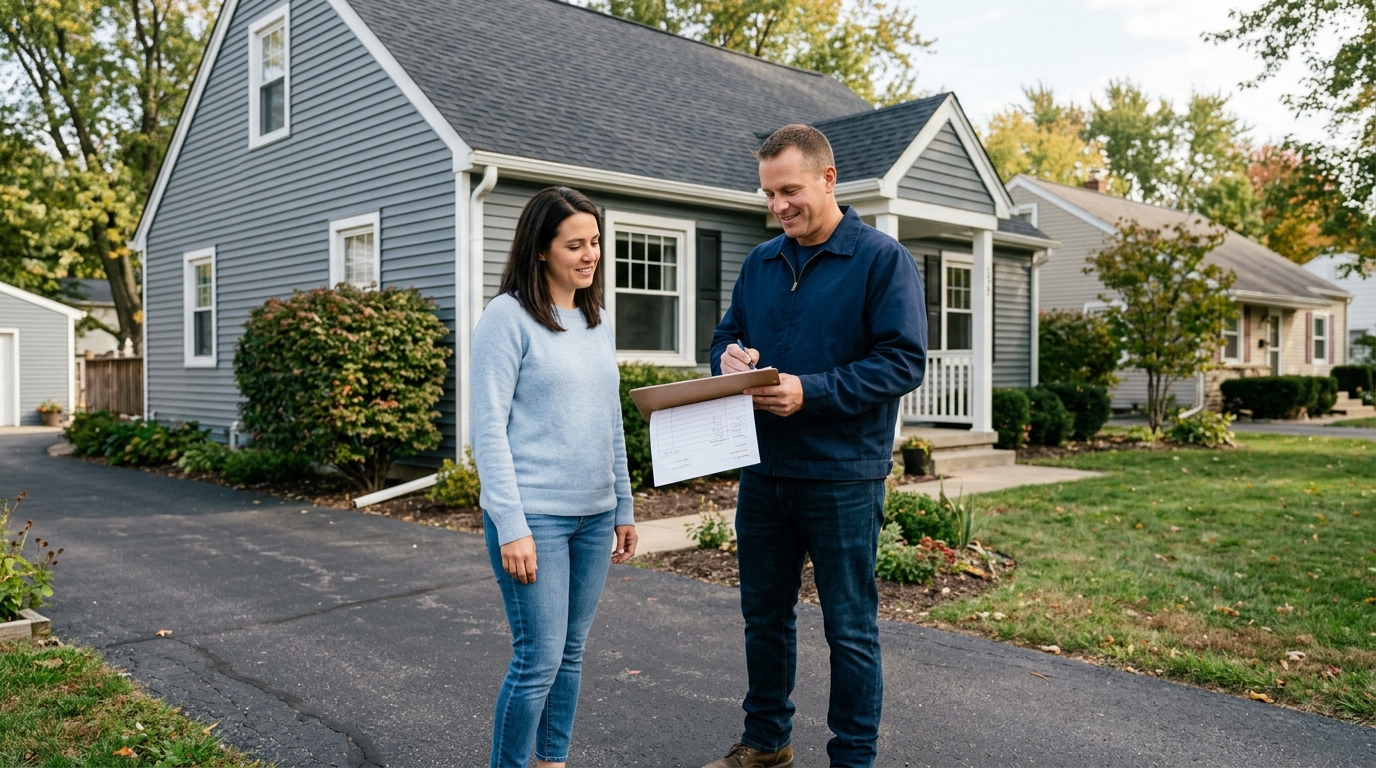 Homeowner reviewing a written roof repair estimate with a local contractor.