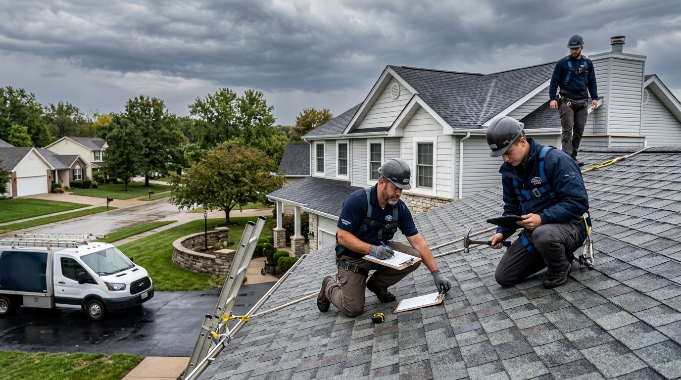 Trill Roofing crew inspecting an asphalt shingle roof after stormy weather in Madison County, IL.