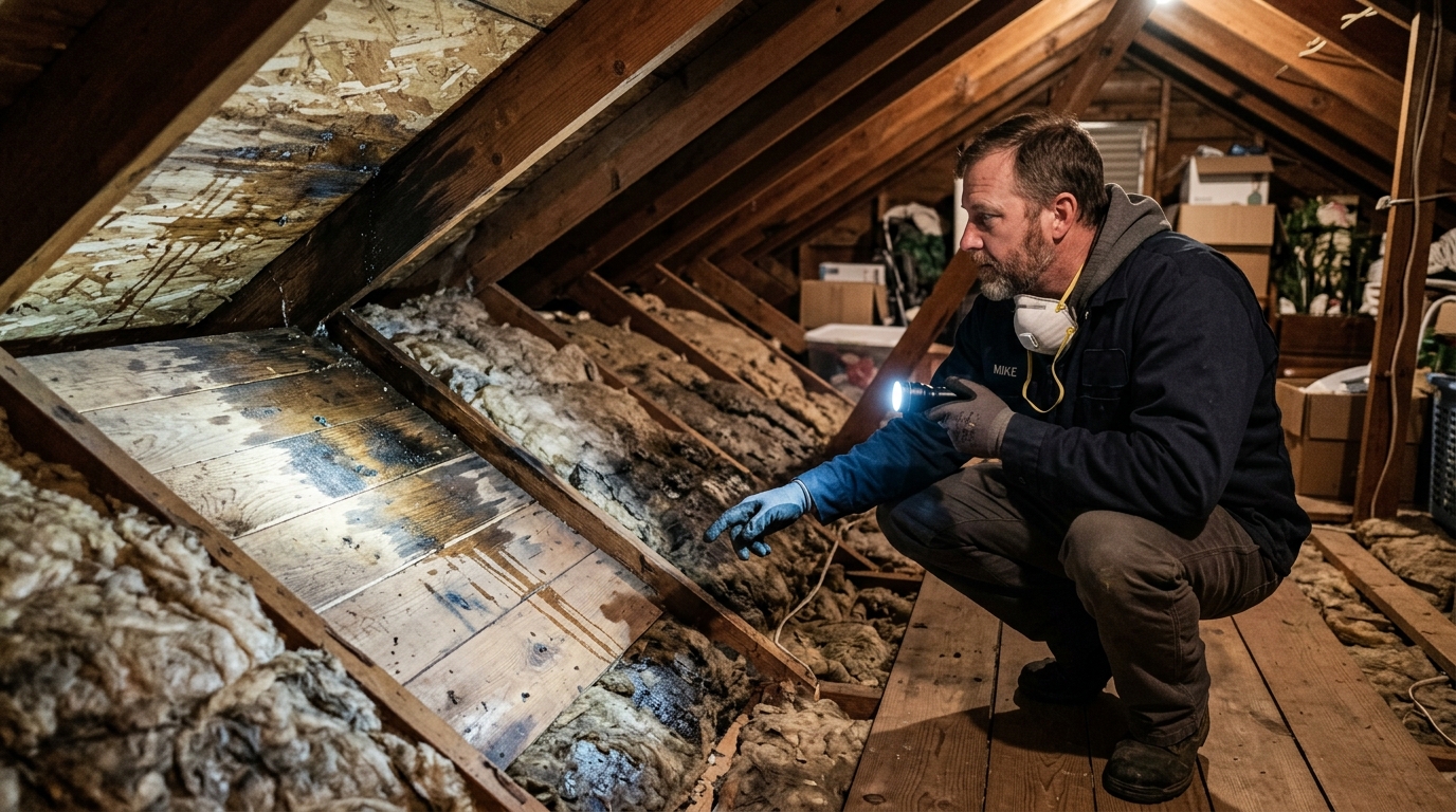 Attic roof leak inspection after a St. Louis thunderstorm