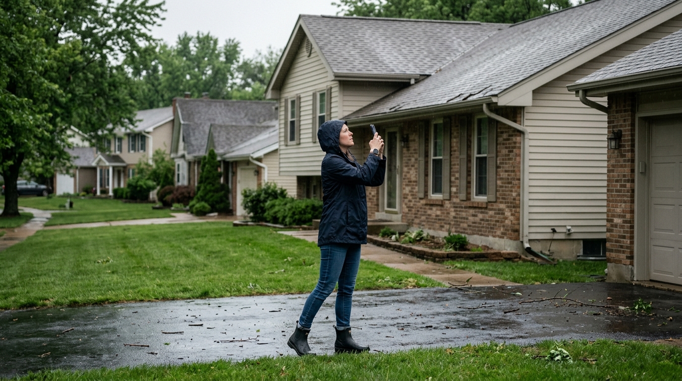 St. Louis homeowner checking roof storm damage signs safely from the ground