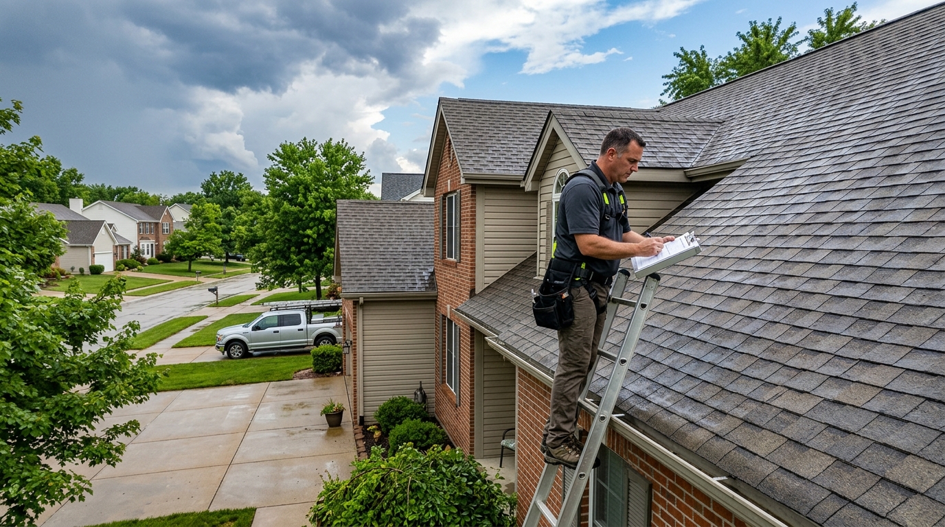 Storm damage roof inspection in St. Louis after a thunderstorm