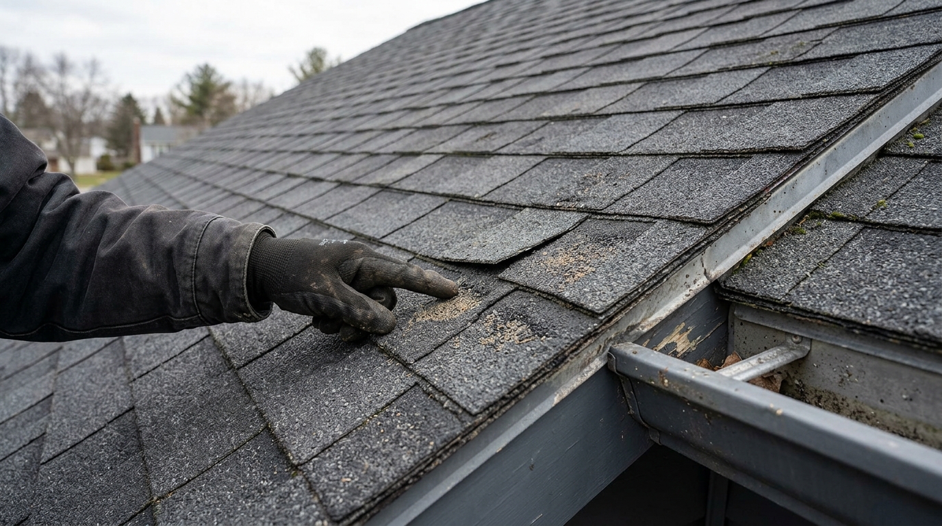 Close view of asphalt shingles checked for hail and wind damage after a storm