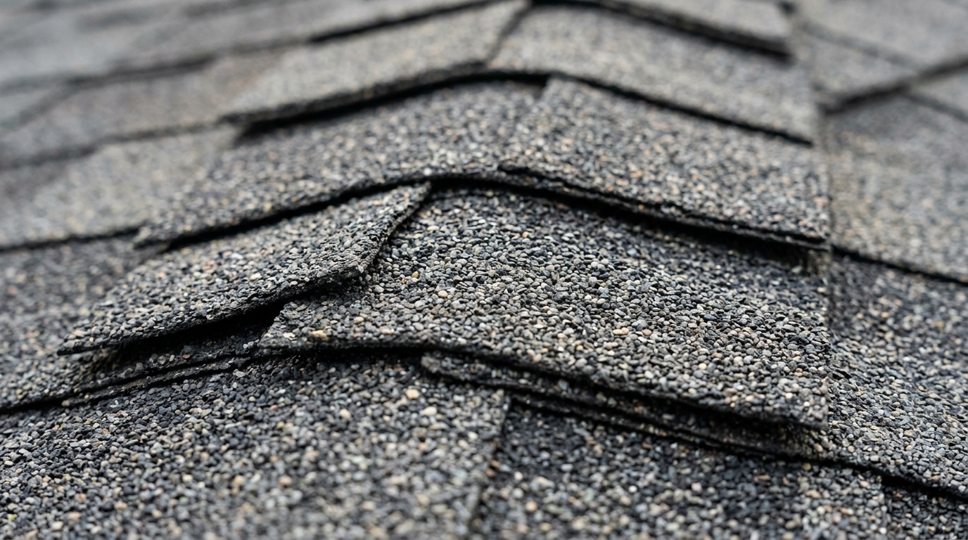 Close-up of architectural asphalt shingles showing texture and granules