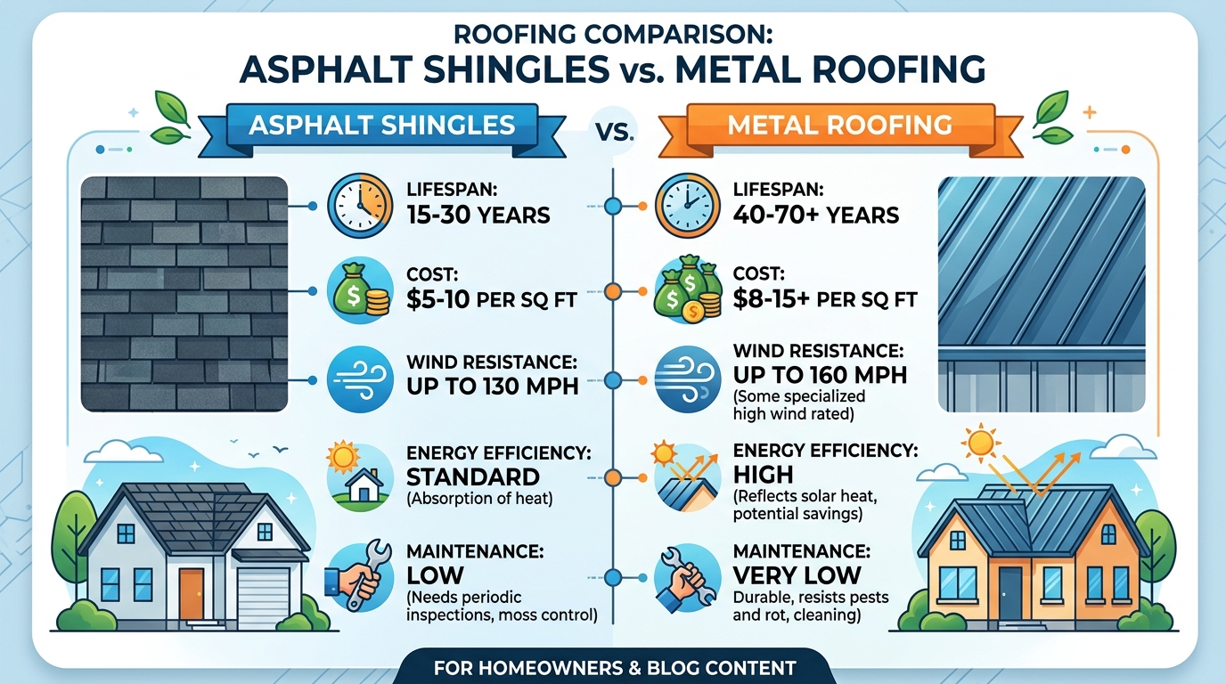 Infographic comparing asphalt shingles vs metal roofing on key metrics