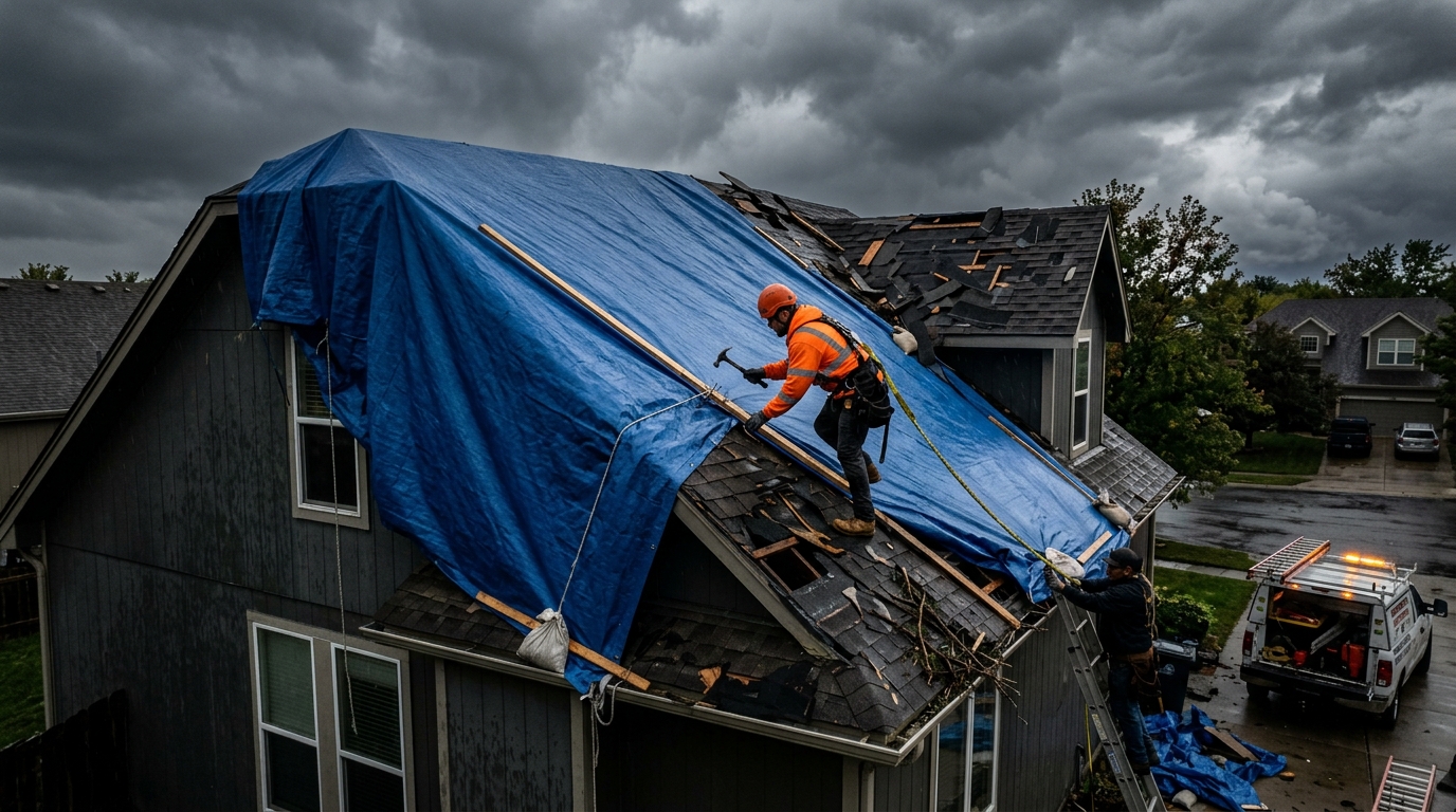 Emergency roofing service tarping a storm-damaged roof