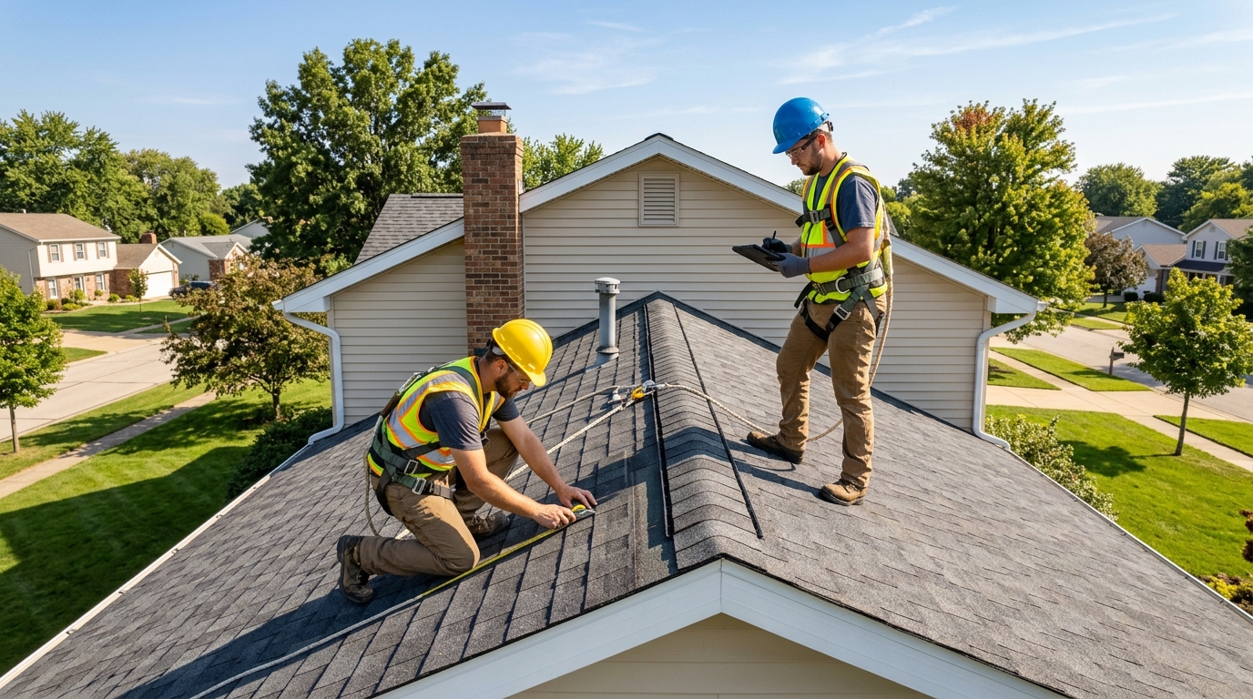 Professional roofing contractor inspecting a residential roof in Madison County, Illinois