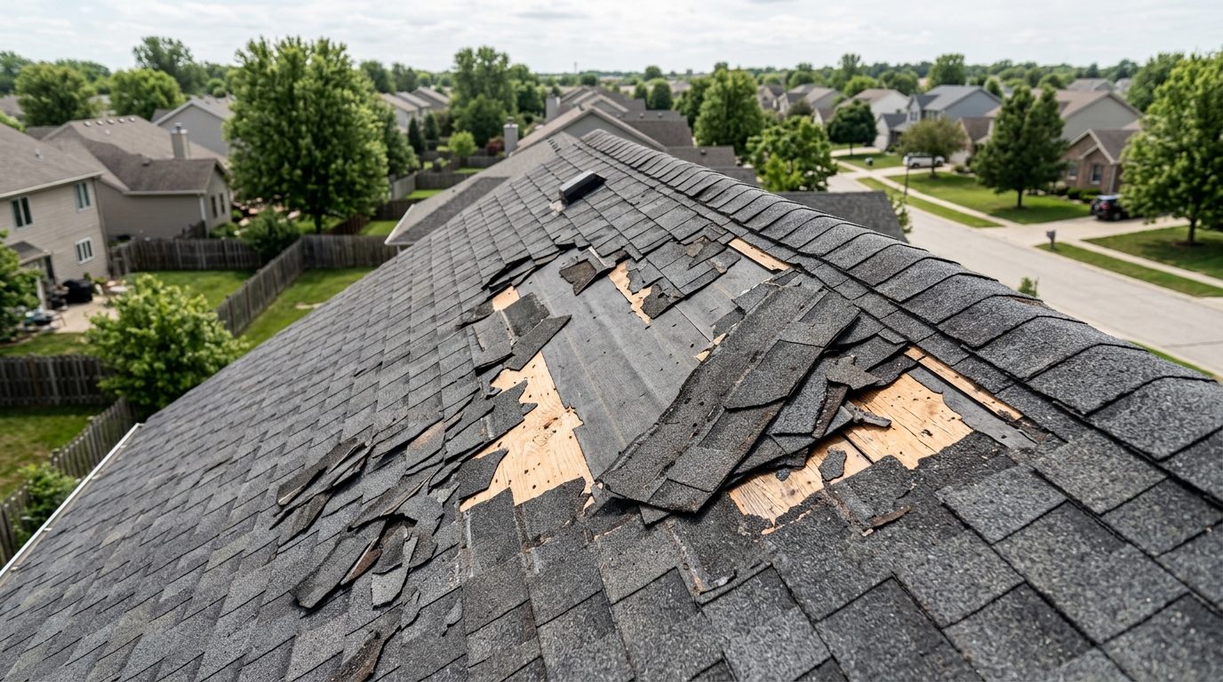 Damaged asphalt shingles on a residential roof in Madison County, Illinois after wind damage