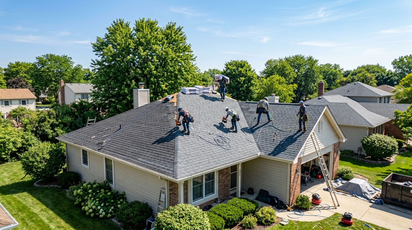 Roofing crew installing new asphalt shingles on a Midwest suburban home