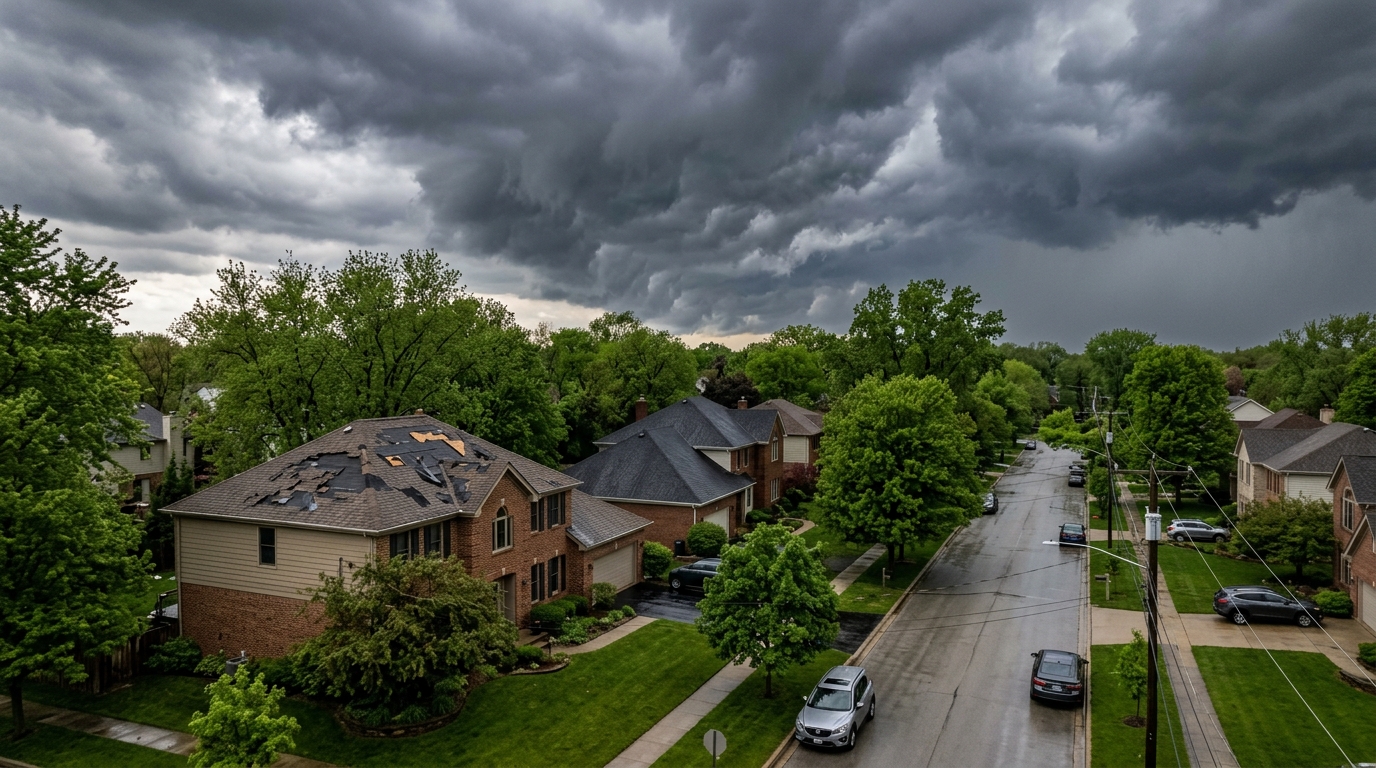 Storm clouds over residential neighborhood in Illinois with roof damage visible