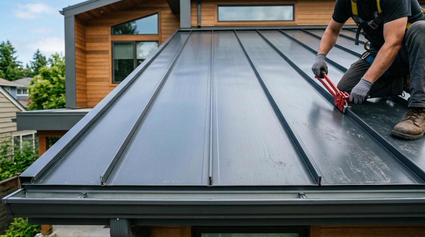Standing seam metal roofing installation showing clean lines and professional details