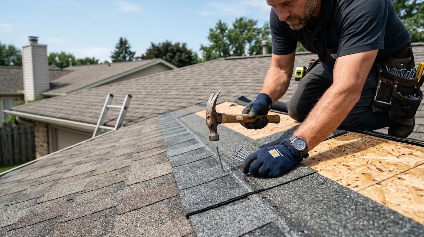 Close-up of roof shingle repair and replacement