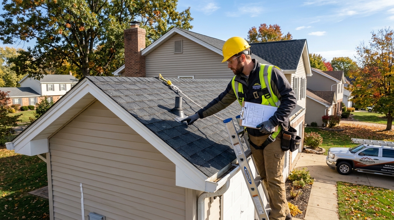 Professional roof inspector conducting roof inspection