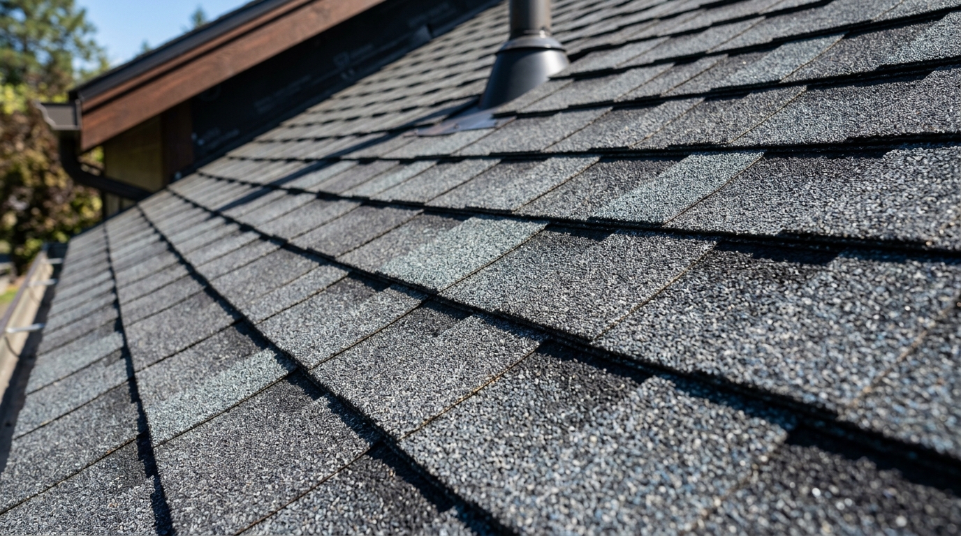 Architectural asphalt shingles showing texture and layered design
