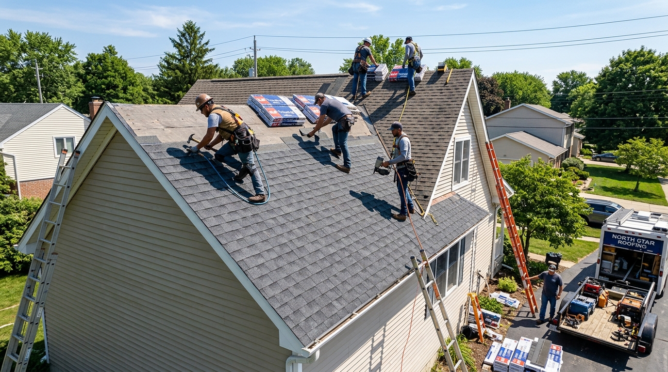 Roof replacement with new shingles being installed by experienced roofers