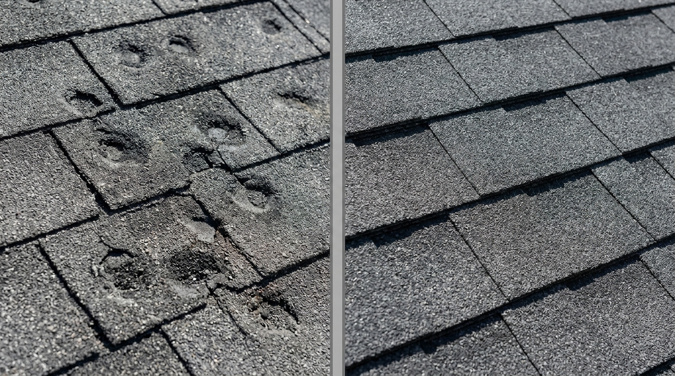 Comparison showing hail damaged roof shingles versus new replacement shingles