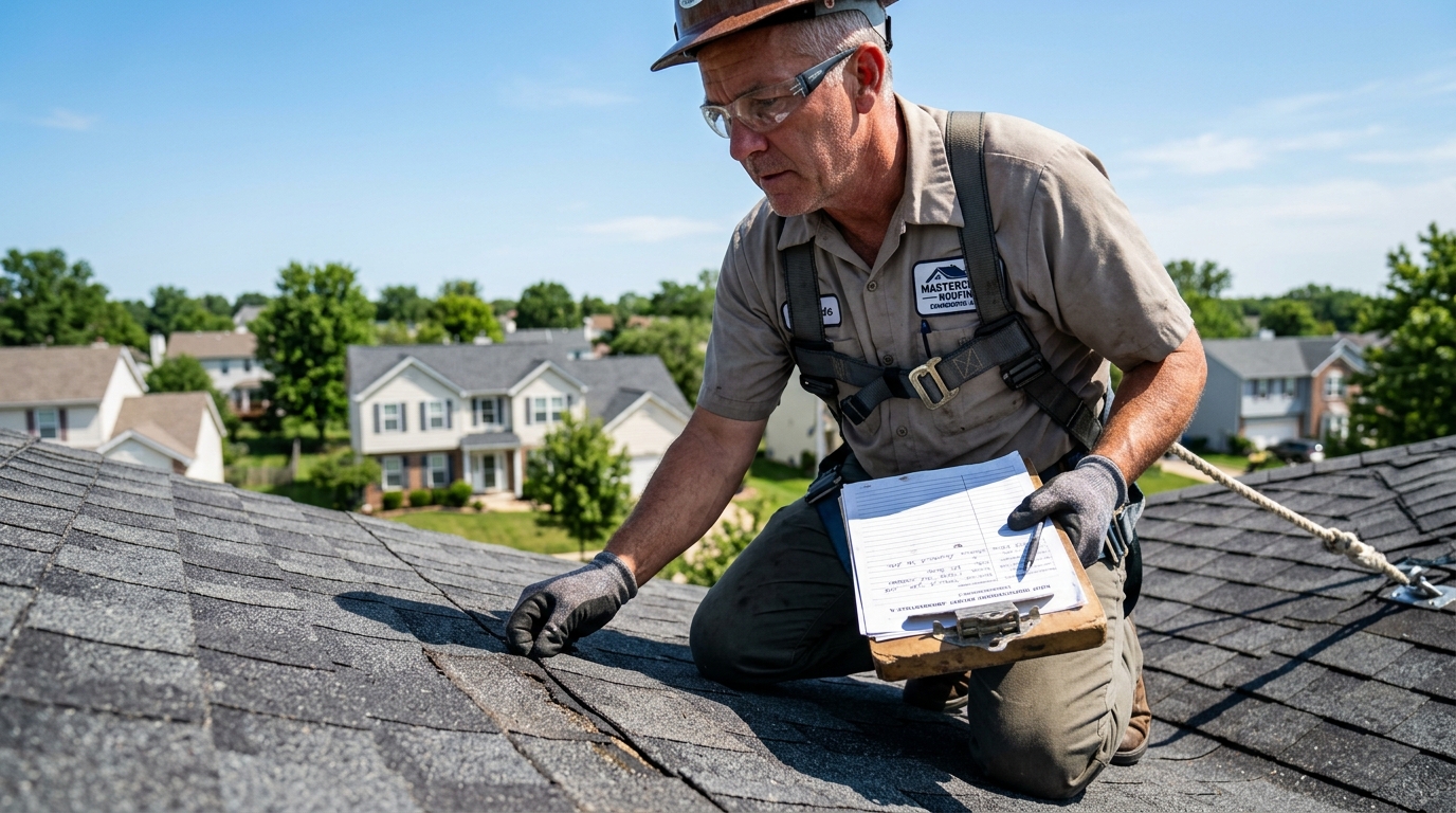 Professional roofing contractor inspecting asphalt shingles on residential roof in Madison County Illinois