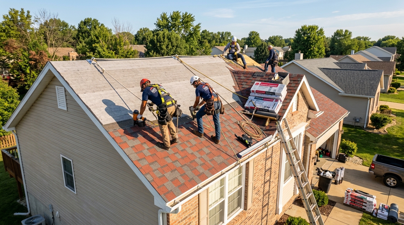 Professional roof replacement crew working on Metro East IL home