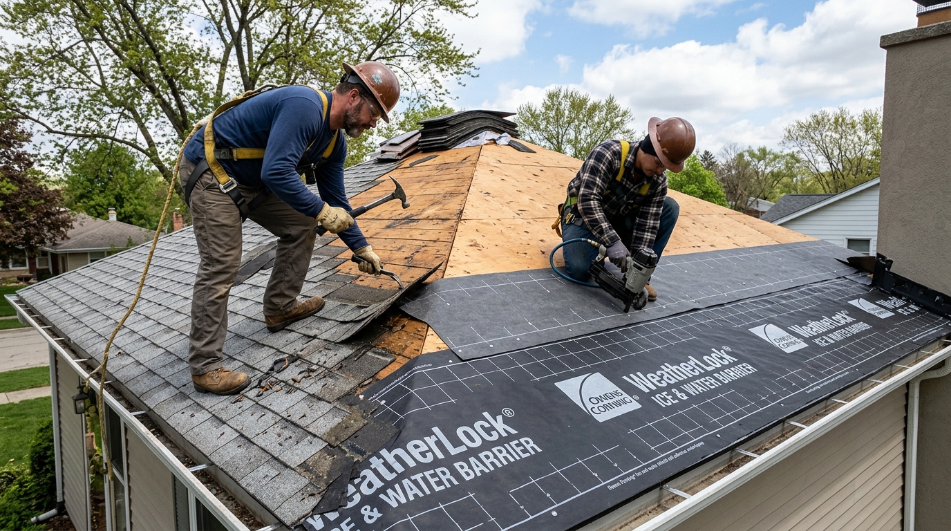 Roof replacement process showing tear-off and underlayment installation