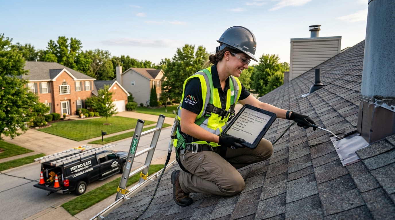 Professional roofing inspector examining roof materials on residential home