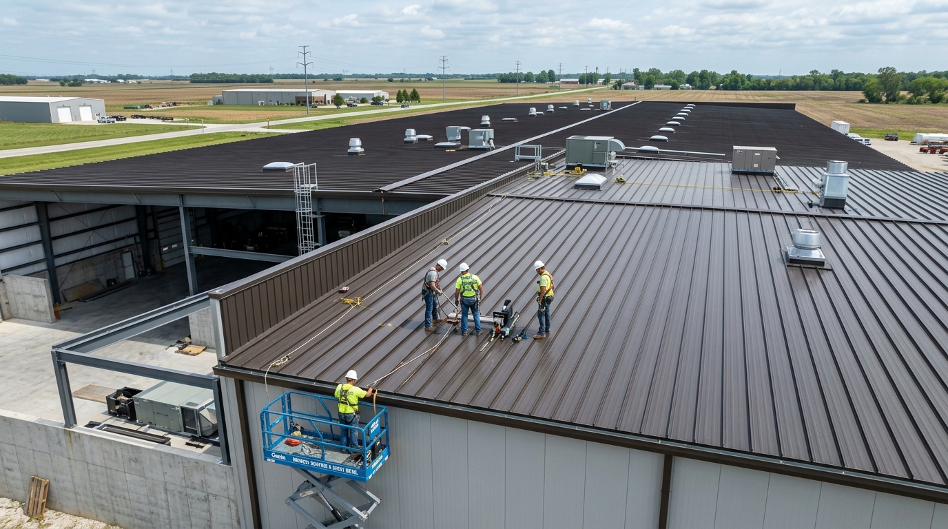 Metal commercial roofing on industrial building in Madison County IL