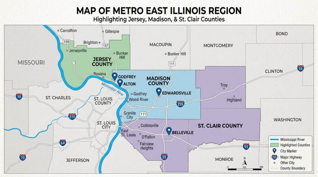 Map of Metro East Illinois counties served