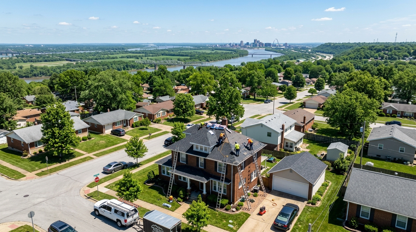 Professional roofing crew working on a Metro East Illinois home