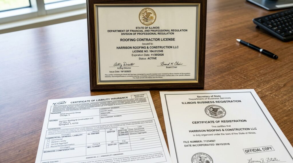 Illinois roofing contractor license and insurance documents