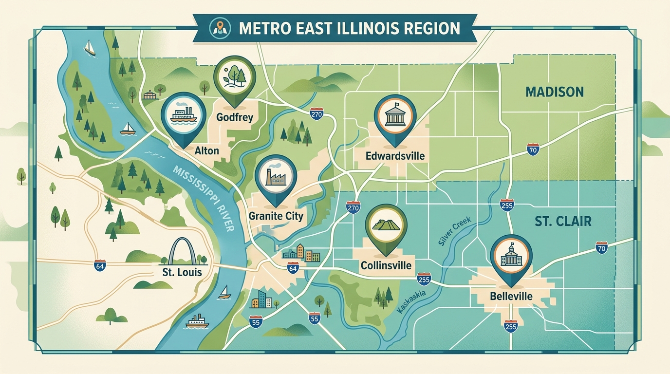 Map of Metro East Illinois service area including Alton, Edwardsville, and surrounding communities