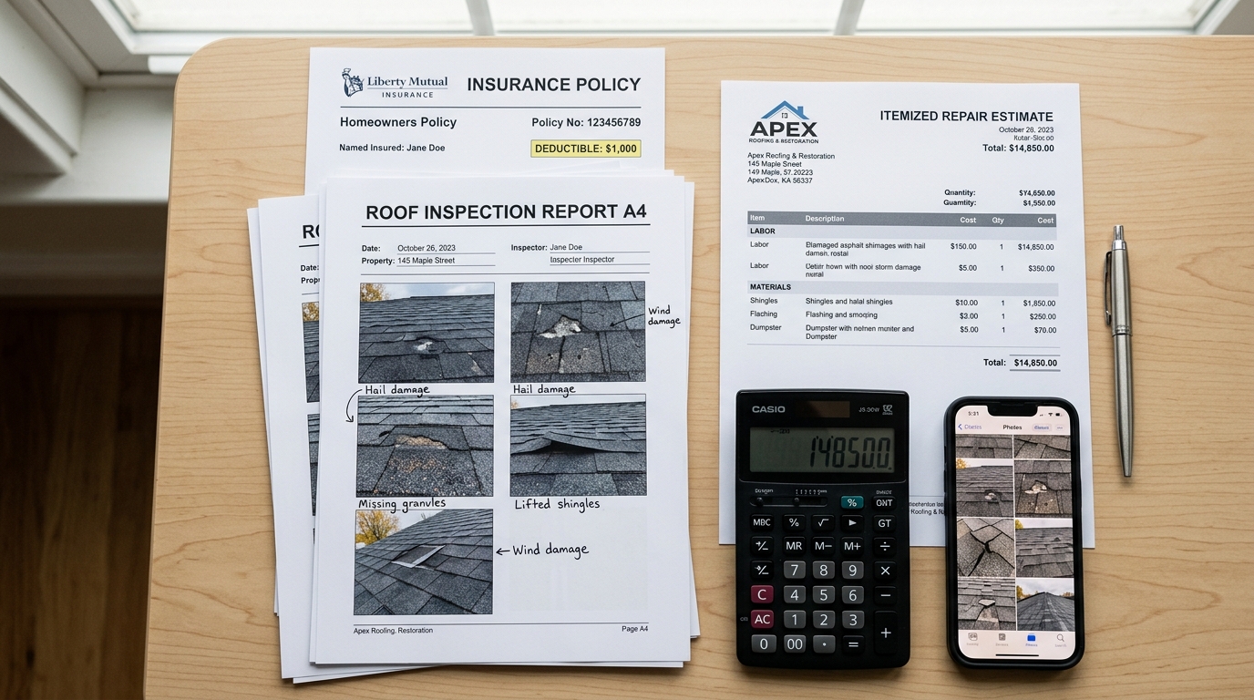 Insurance claim documentation and roof repair estimate paperwork for storm damage