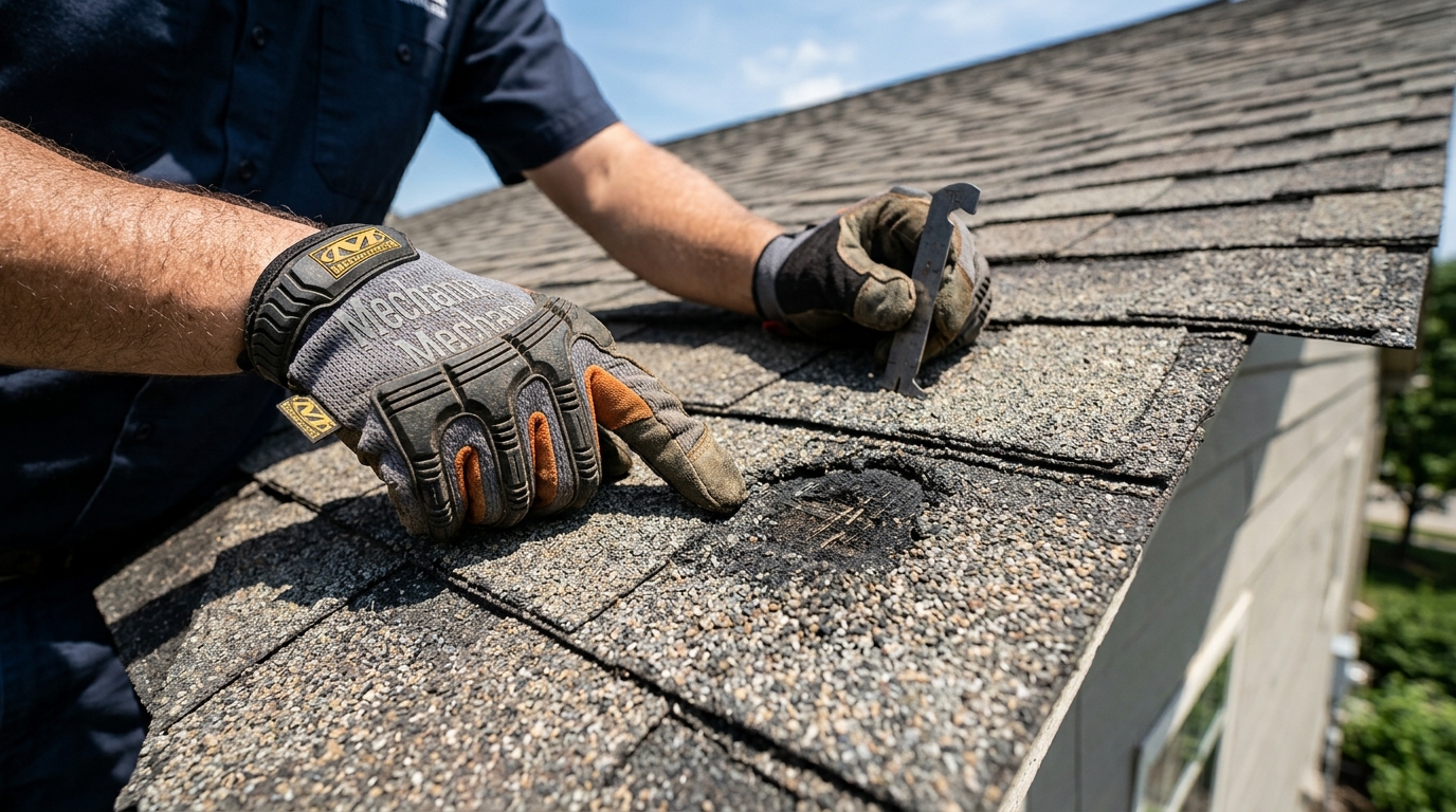 Roofing contractor inspecting asphalt shingles for hail damage on a Metro East home