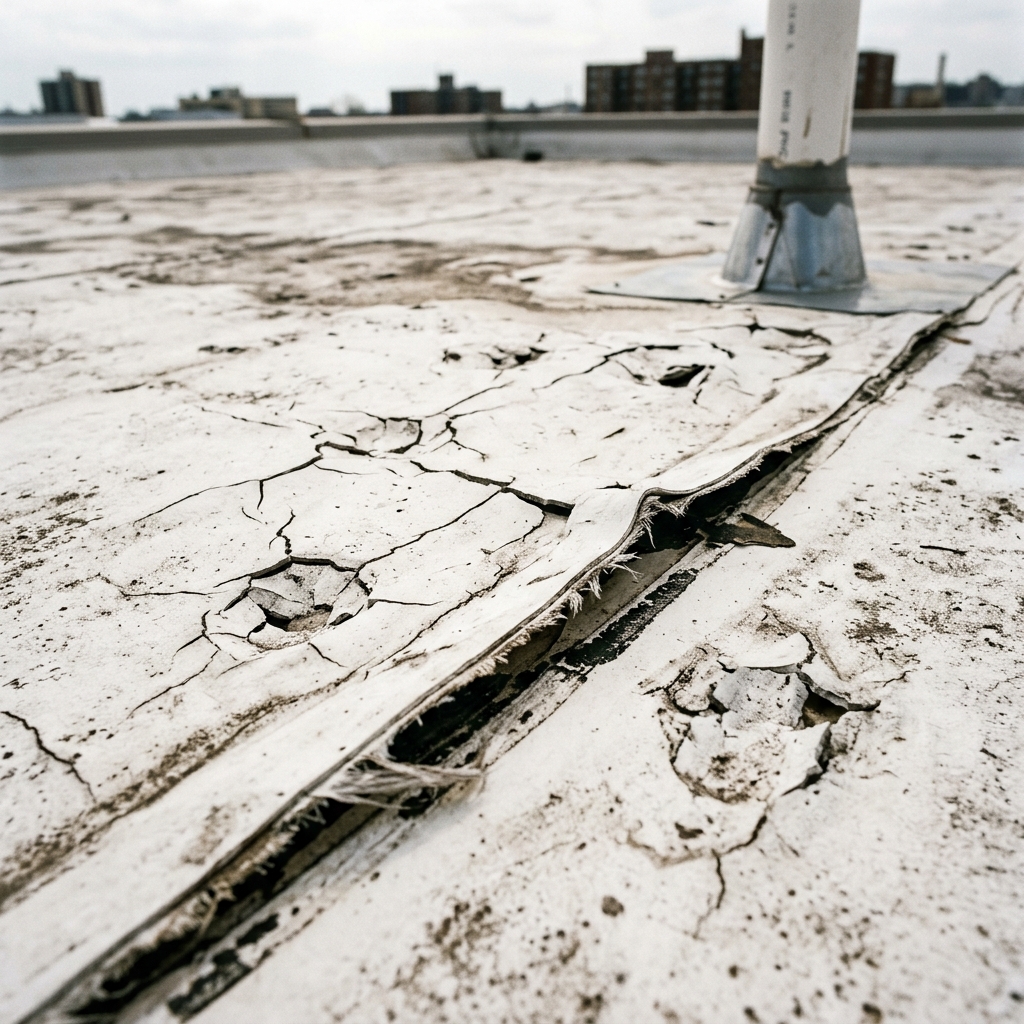 Close-up of hail damage on a white TPO commercial roof membrane with cracked seams