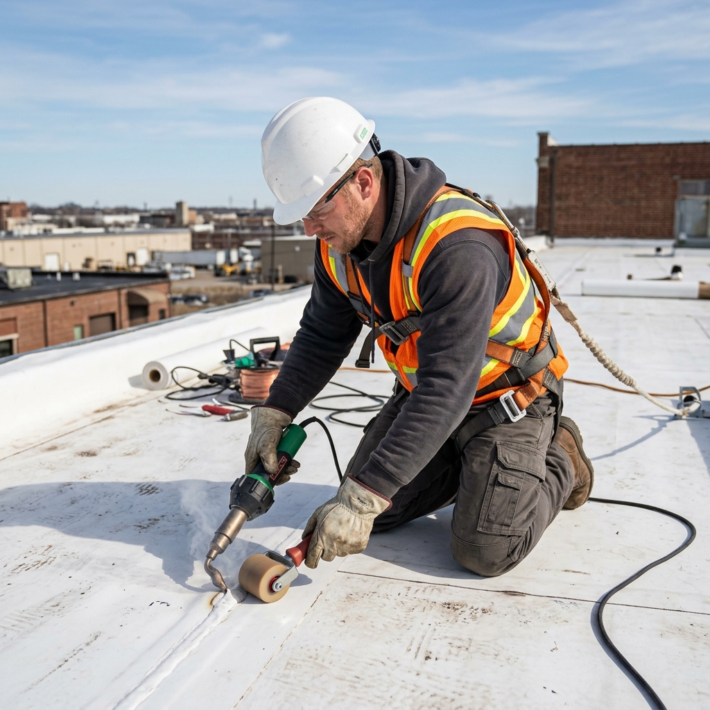 Roofing contractor using a hot-air welding gun to seal a TPO seam on a flat commercial roof