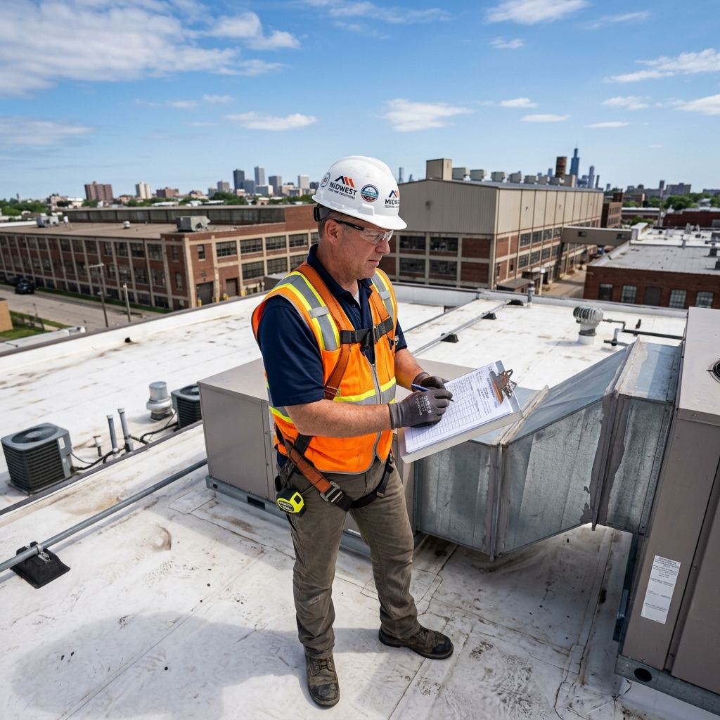 Professional roofing estimator inspecting a commercial flat roof with clipboard and hard hat